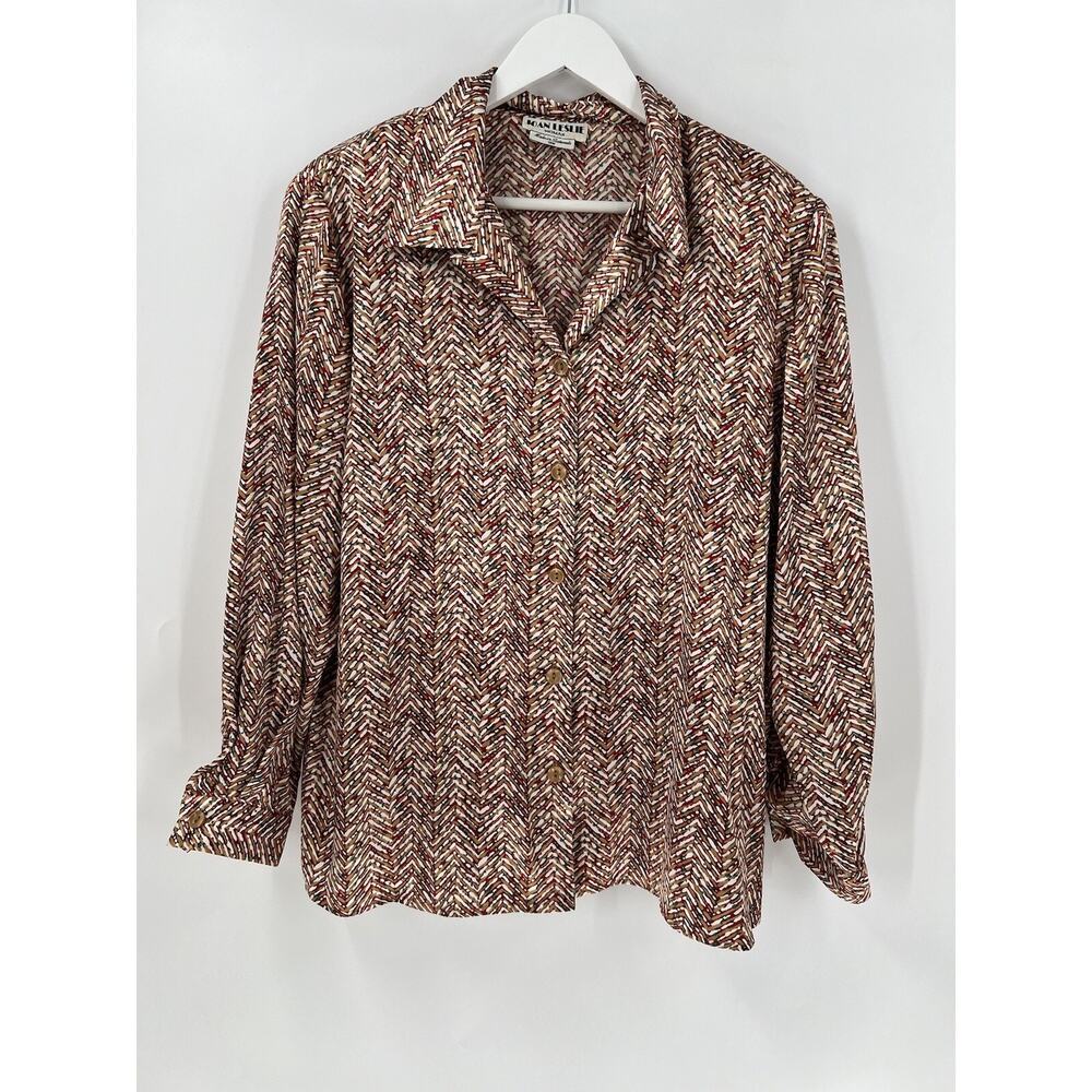 Joan Leslie Vintage Blouse Womens 18W Red Beige Chevron Print Satin Long Sleeve
